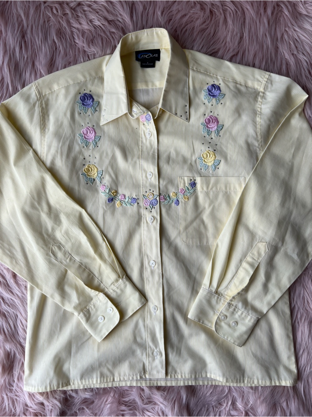 Vintage Pale Yellow Embroidered Button-Down Shirt Small